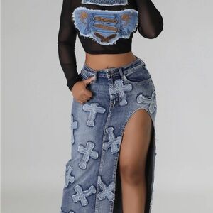 Denim Skirt with Cross Patches